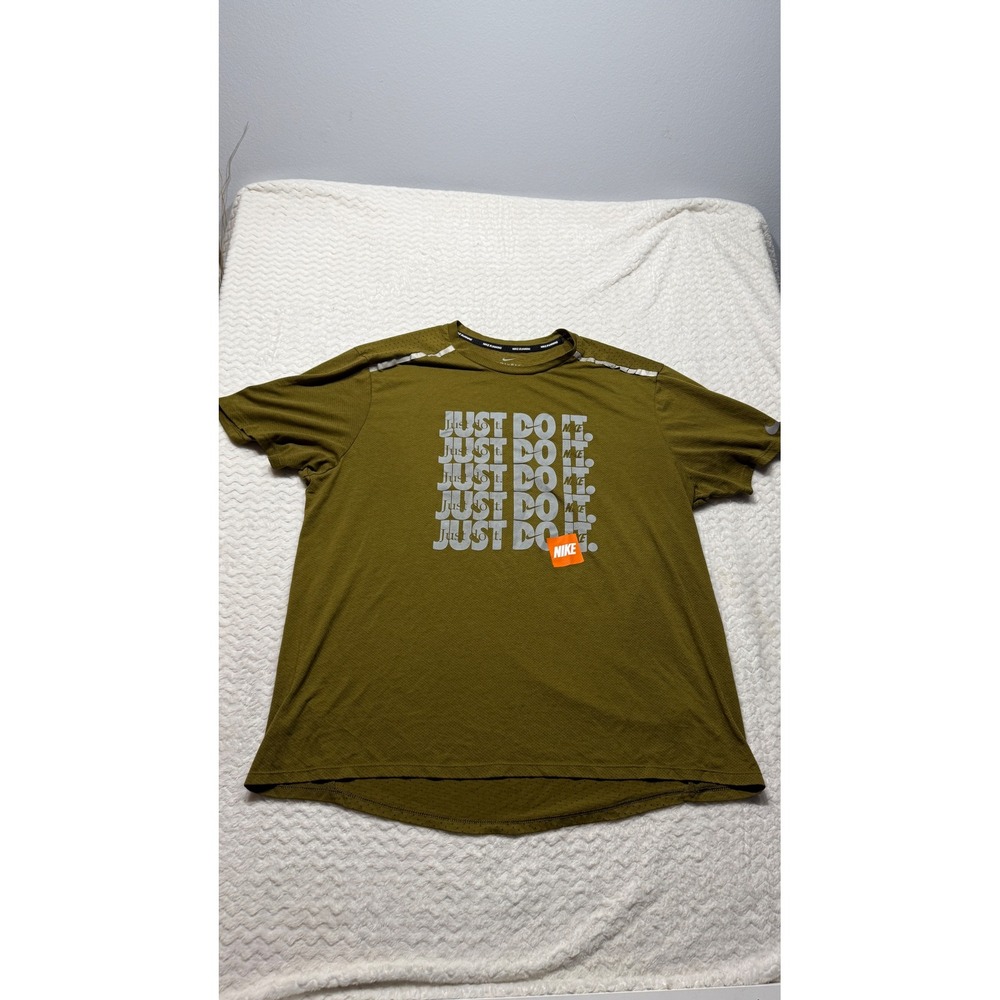 Nike Running Dri-FIT Shirt Mens XL Olive Green Just Do It Graphic Reflective